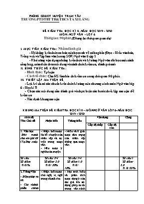 Ma trận và Đề kiểm tra học kỳ II môn Ngữ văn 6 - Năm học 2019-2020 - Trường PTDTBT TH và THCS Tà Xi Láng (Có đáp án)